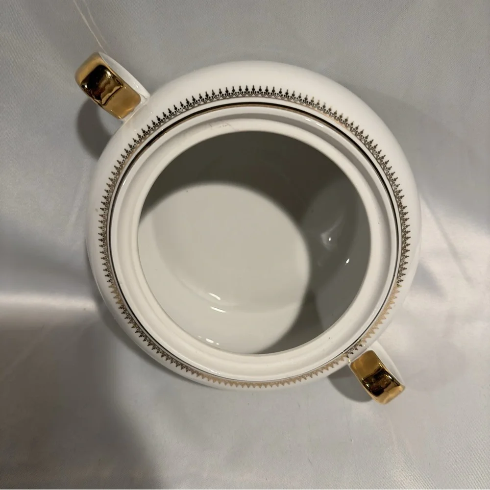 Chodziez Poland Porcelain Soup Tureen and Ladle Black Gold Band Filligree